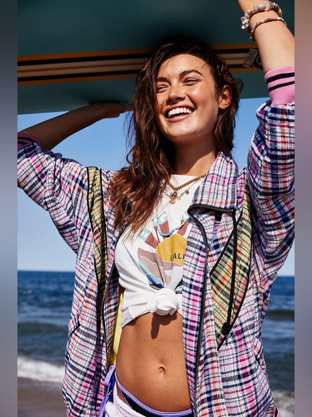 We The Free Penny Track Jacket Pink Plaid Zip Jacket